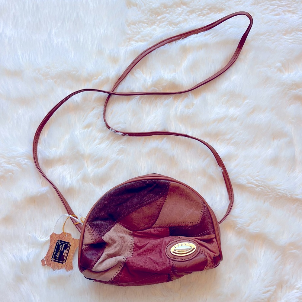 Vintage Italian Brown & Tan Leather Patchwork Zip Up Small Crossbody Bag